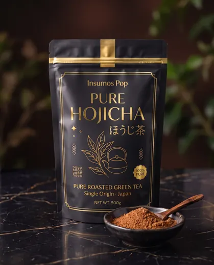 Bolsa de 500 g de Pure Hojicha single origin de Insumos Pop con té tostado molido en un plato