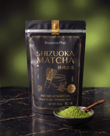 Bolsa de 500 g de Shizuoka Matcha puro single origin de Insumos Pop con polvo verde en un plato
