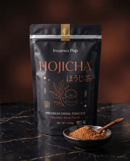 Bolsa de 1 kg de polvo Hojicha de Insumos Pop con polvo tostado color caramelo en un plato