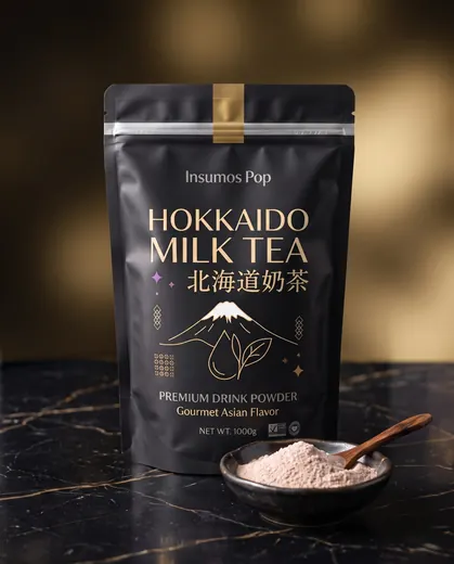 Bolsa de 1 kg de polvo Hokkaido Milk Tea de Insumos Pop con polvo cremoso en un plato