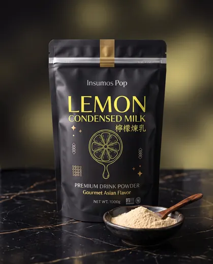 Bolsa de 1 kg de polvo Lemon Condensed Milk de Insumos Pop con polvo amarillo suave en un plato