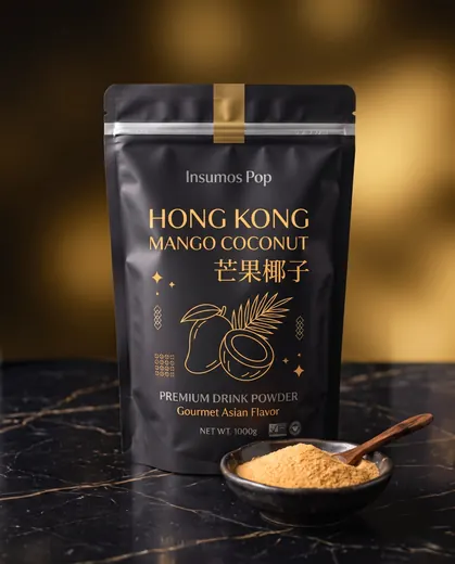Bolsa de 1 kg de polvo Hong Kong Mango Coconut de Insumos Pop con polvo dorado en un plato