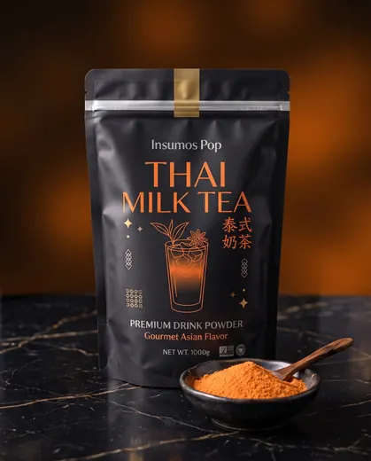 Bolsa de 1 kg de polvo Thai Milk Tea de Insumos Pop con polvo naranja vibrante en un plato