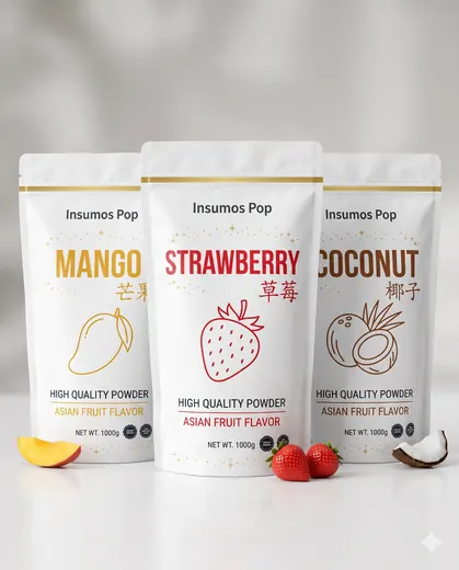 Línea de polvos de fruta Insumos Pop: bolsas blancas de mango, fresa, coco y sandía de 1 kg