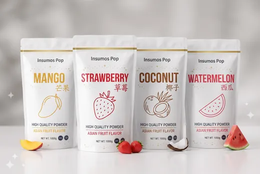 Bolsas de polvos de fruta de Insumos Pop en sabores mango, fresa, coco y sandía